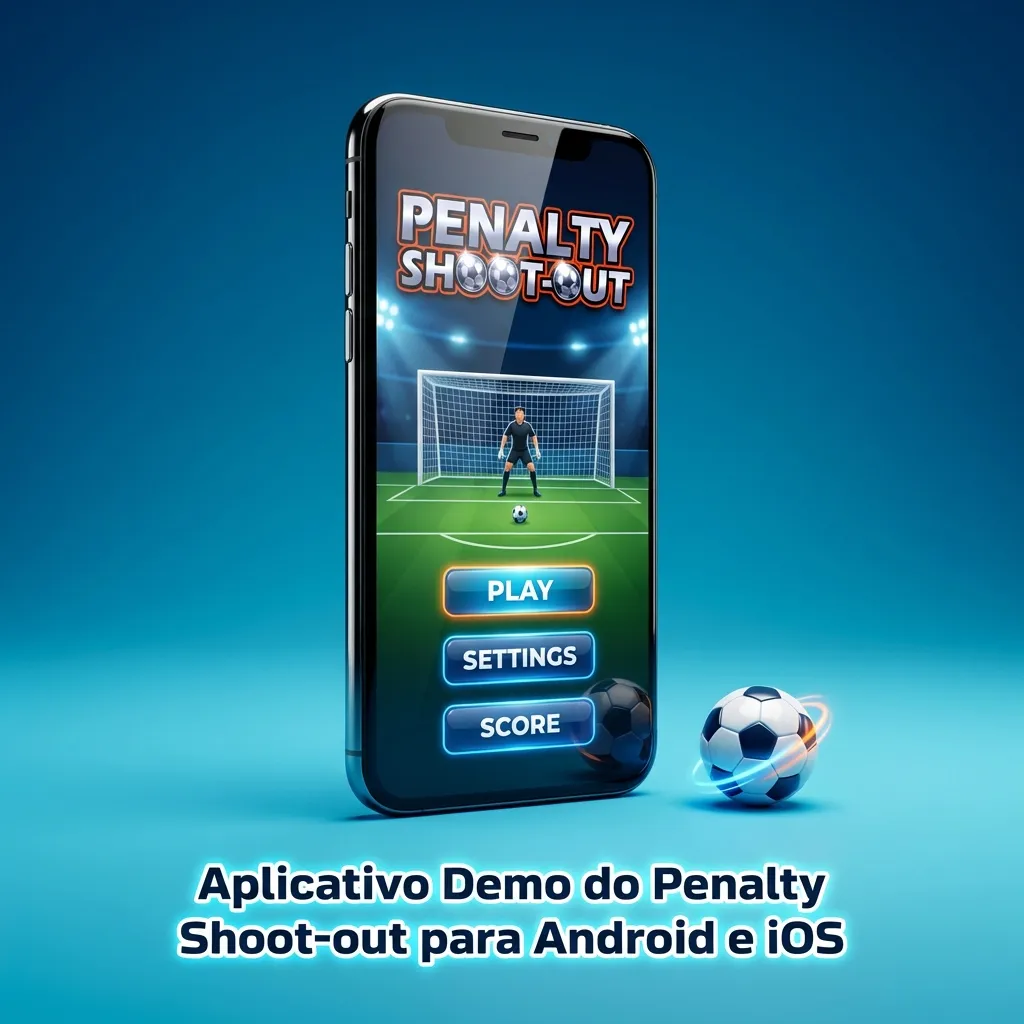 Tela de smartphone exibindo jogo Penalty Shoot-out em modo demo com interface otimizada para dispositivos móveis